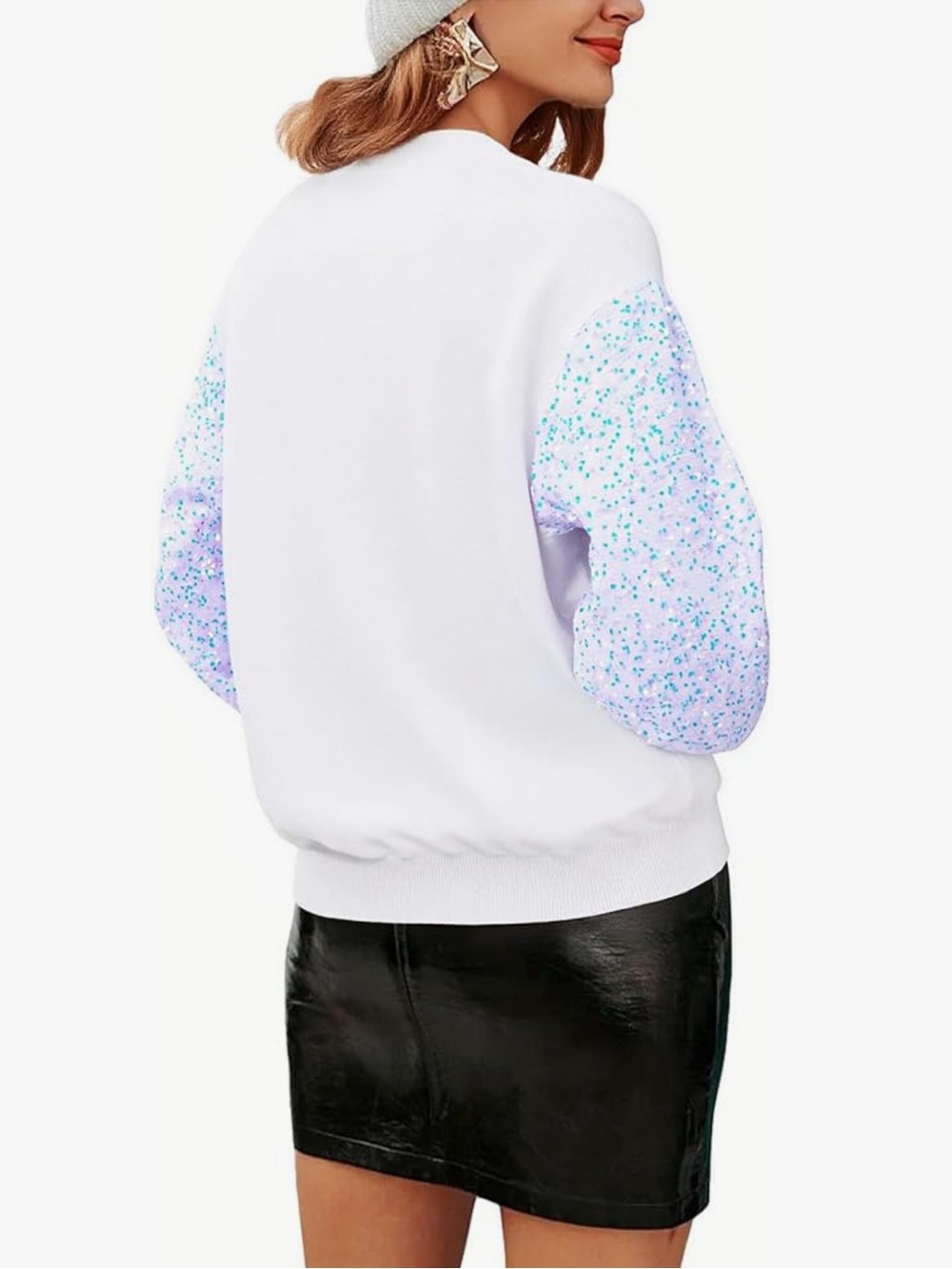 Holly Jolly Sequin Sleeve Festive White Graphic Pullover Sweater - Picture 4 of 5
